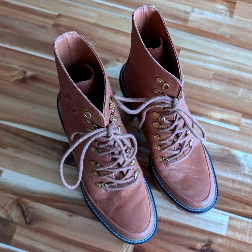 Tory Burch Miller Lug Sole Ankle Boots Brown Pebbled Leather Tan‎ Size 7.5